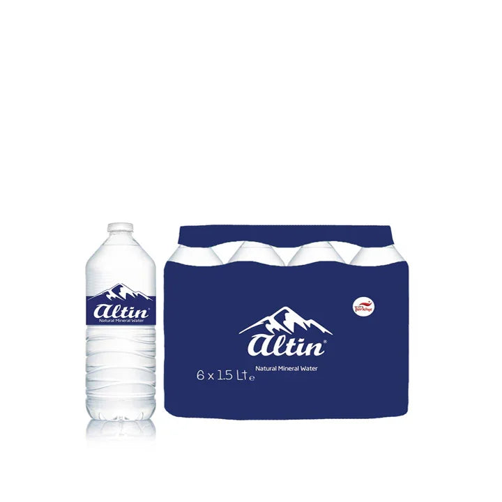 1.5L Altin natural mineral water bottle and 6-pack set on white background