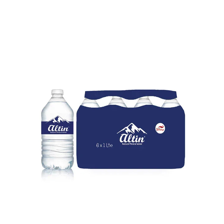 Pack of six 1-liter natural mineral water bottles with a single bottle, blue mountain label