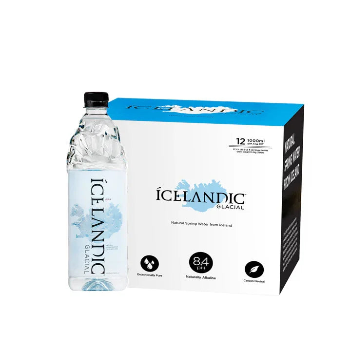 Icelandic Glacial natural spring water 1L bottle and 12-pack box, pure alkaline water