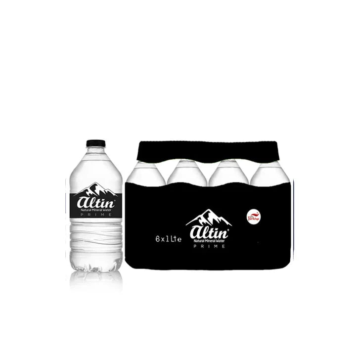Pack of six 1 liter natural mineral water bottles with mountain logo and black carrier
