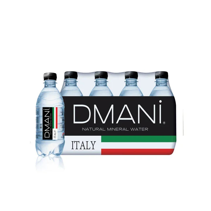 Pack of DMANI natural mineral water bottles from Italy with Italian flag accents