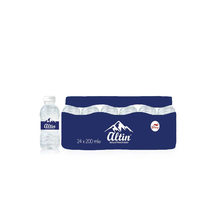 24-pack of Altin natural mineral water bottles, 200ml each, with mountain logo packaging.