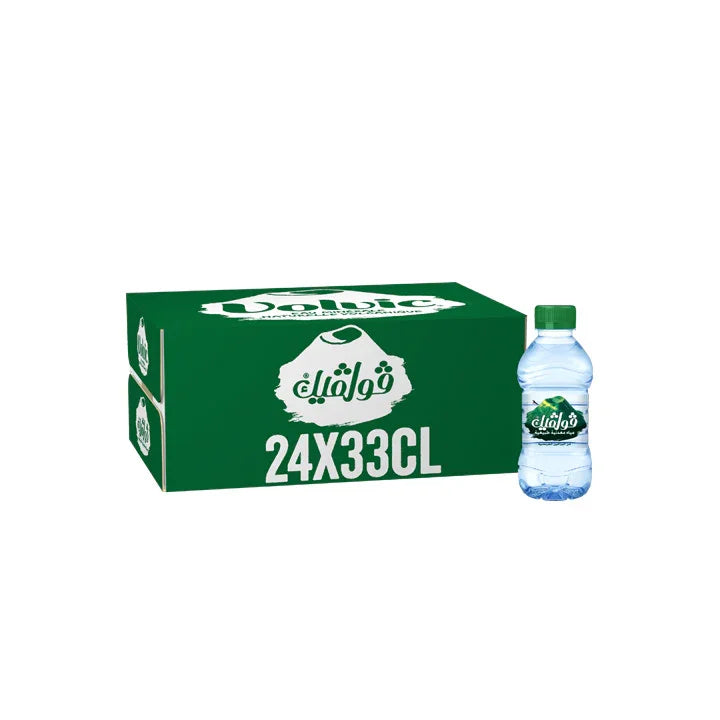 Pack of 24x33cl bottled water with green box and single plastic water bottle