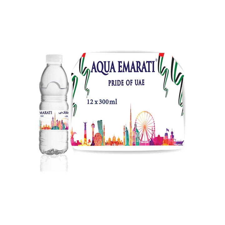 Aqua Emarati bottled water 300ml, 12-pack with colorful Dubai skyline design, UAE pride