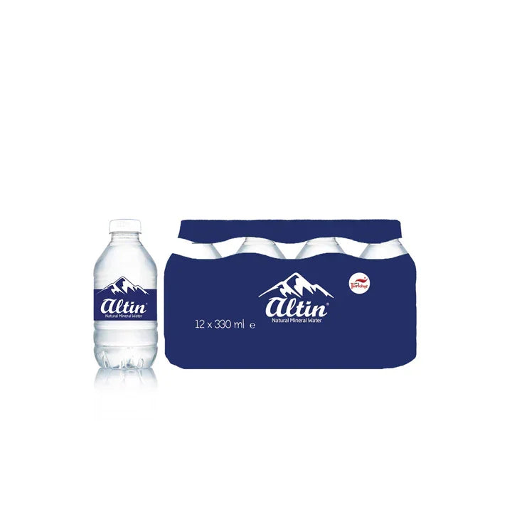 Pack of 12 Altin natural mineral water bottles, 330ml each, with one bottle visible