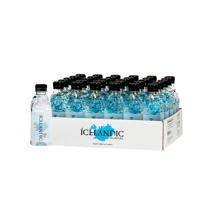 Case of 330ml Icelandic Glacial water bottles in clear PET plastic with black caps