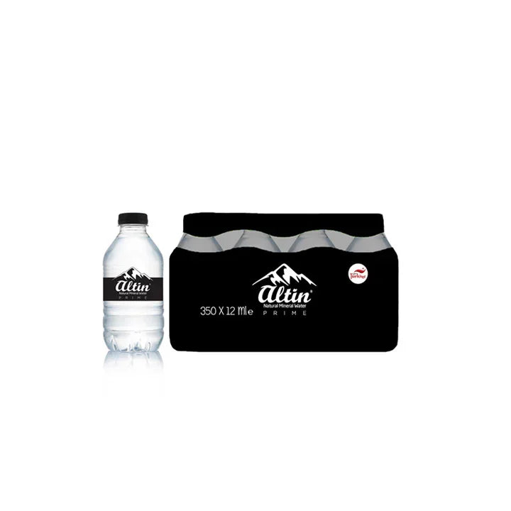350ml bottled mineral water with black label and 12-pack case set on white background