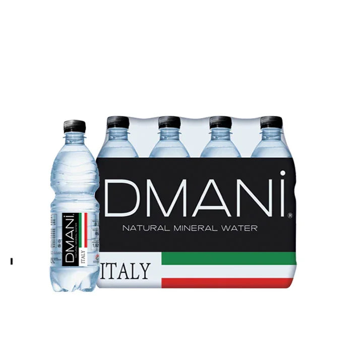 500ml bottles of natural mineral water with Italian flag packaging, DMANI label visible