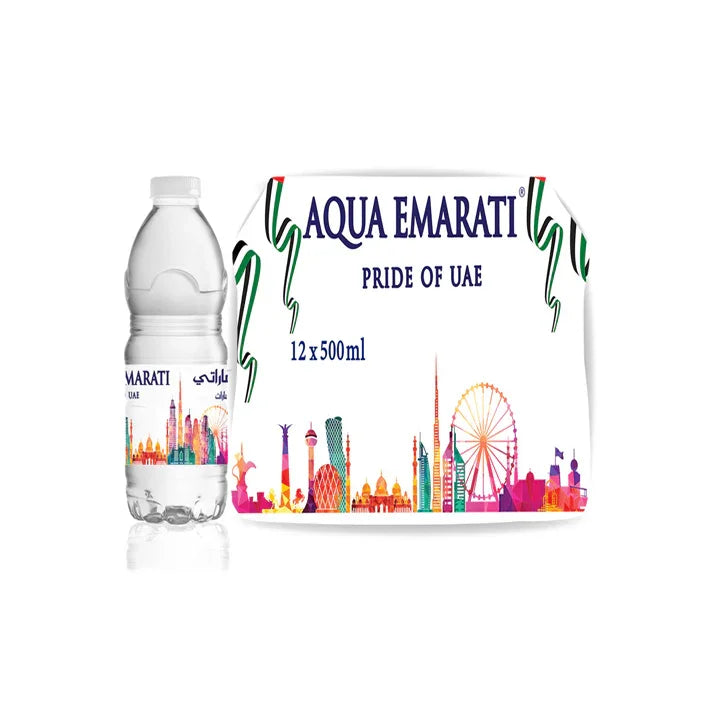 Aqua Emarati 500ml bottled water next to 12-pack box with UAE cityscape design.