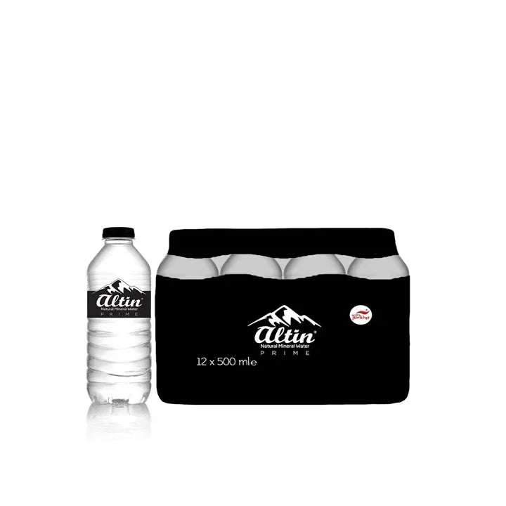 Pack of 12 x 500ml bottled natural mineral water with a single water bottle