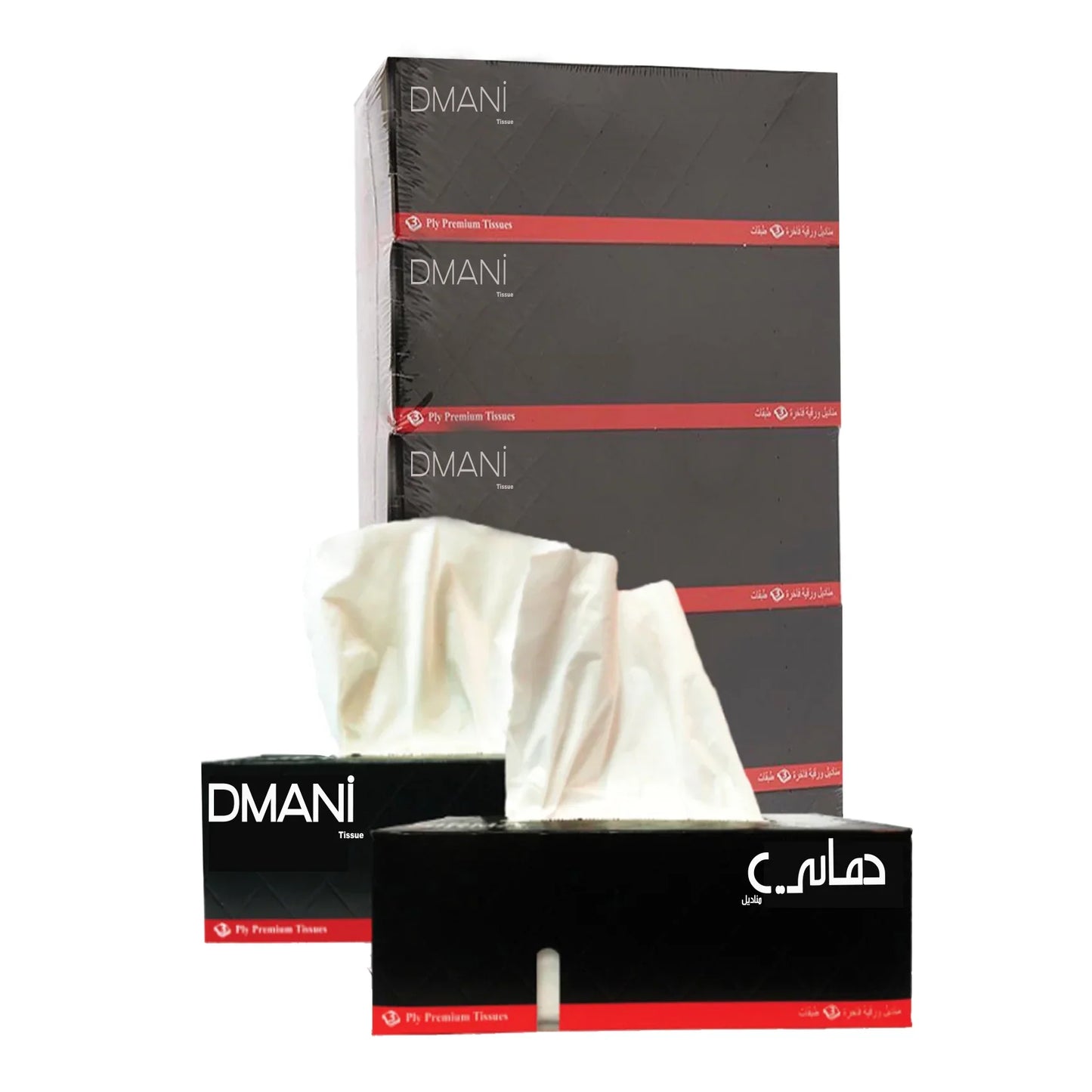 DMANI tissue boxes with tissues, premium facial tissues in black packaging.