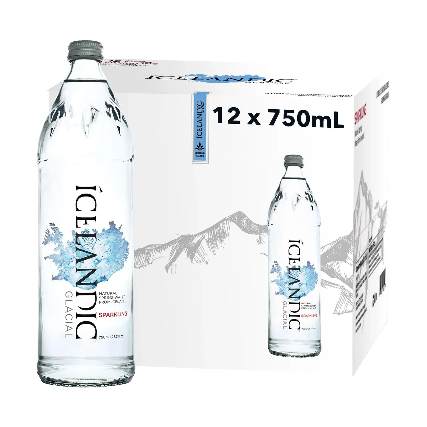 750ml sparkling natural spring water bottle and 12-pack box with mountain graphic