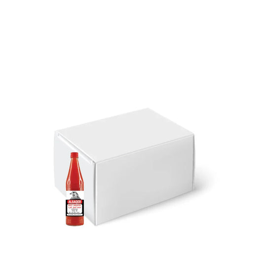 Alsager hot sauce bottle next to plain white cardboard box on white background