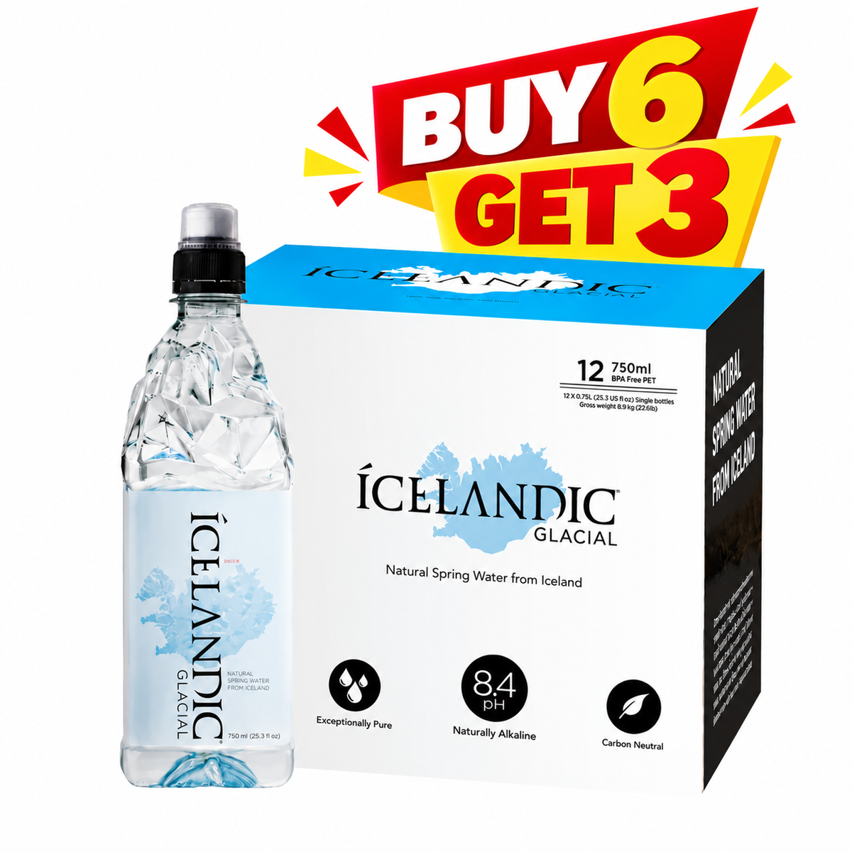 Icelandic Natural Mineral Water 108 X 750 ML - Plastic - Sports Cap -  Expiry by Nov 2026 - Stock Liquidation - Offer Buy 6, Get 3 Free